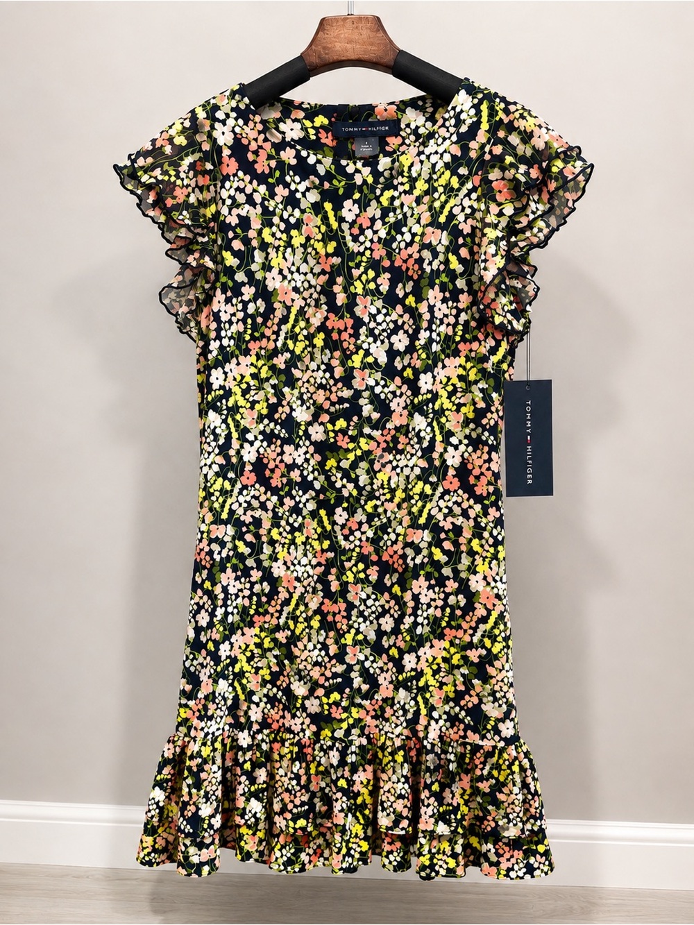 Tommy Hilfiger Navy Floral Ruffle-Sleeve Midi Dress